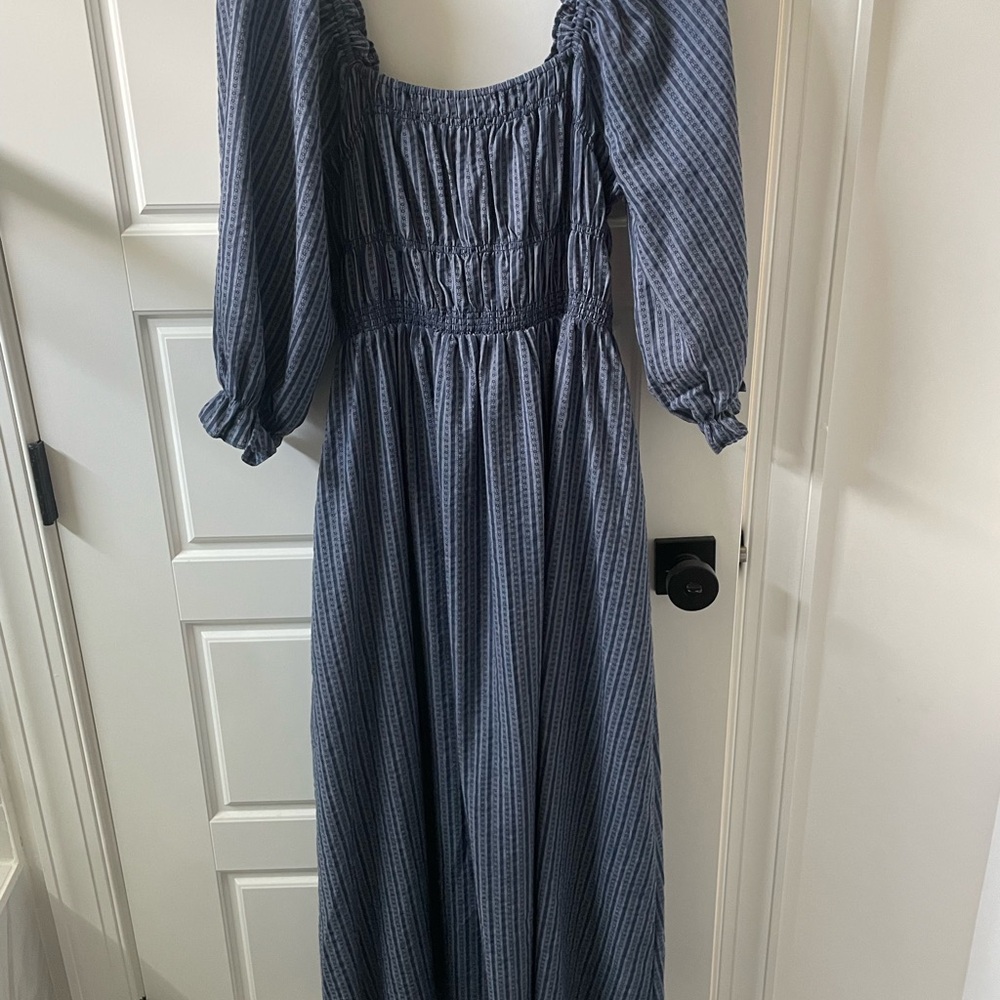 Blue and White Smocked Sundress with Bishop Sleeves